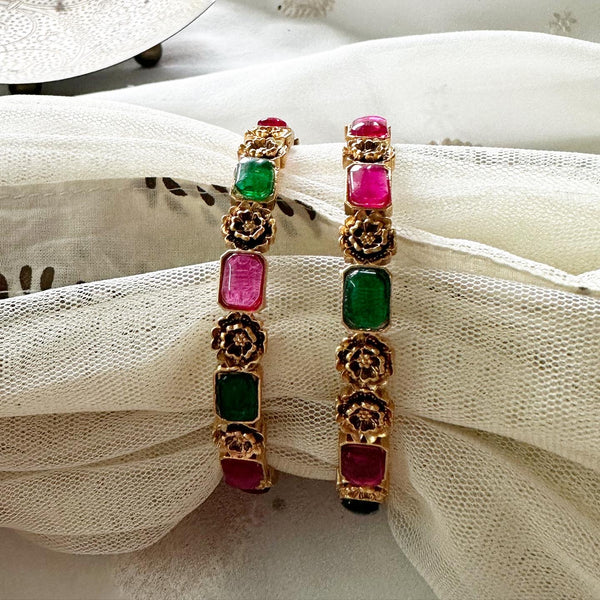 Floral Alt rectangle kemp bangles - set of 2 - Ruby-Green