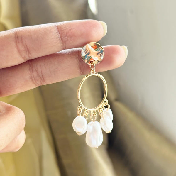 Gold beaten stud pearl drop earrings