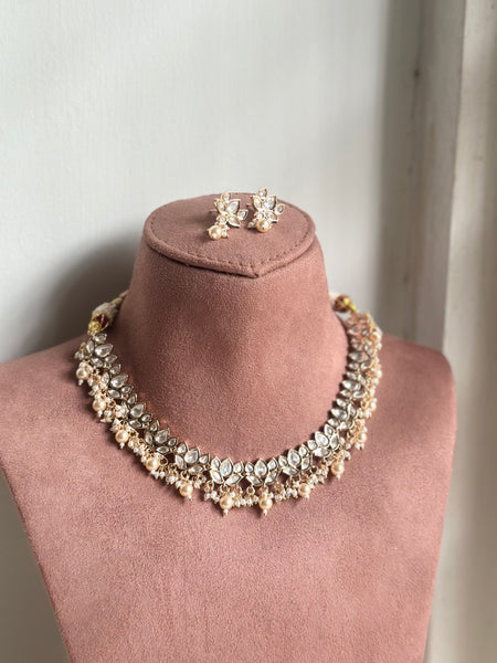 Polki Lotus Pearl cluster drops neckset