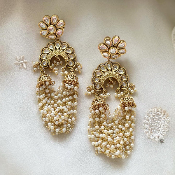 Antique kundan flower with pearl tassel connect long earrings - Adorna