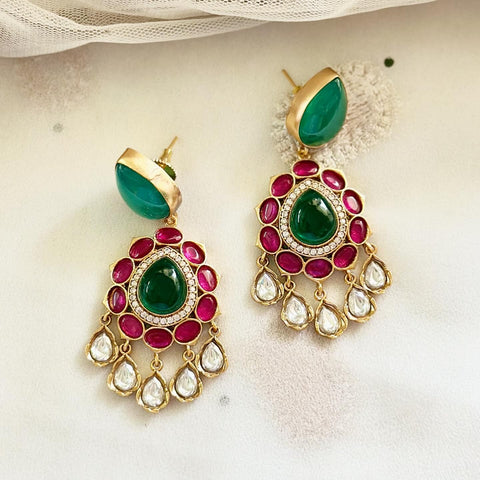 Kundan Jadau tear drop floral drop earrings - Ruby-Green