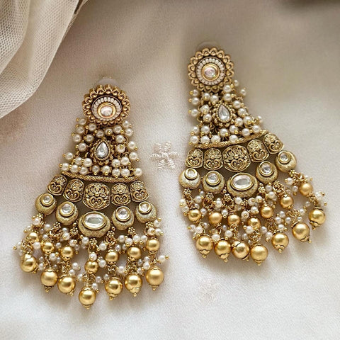 Kundan-Pearl Cascade earrings - Adorna