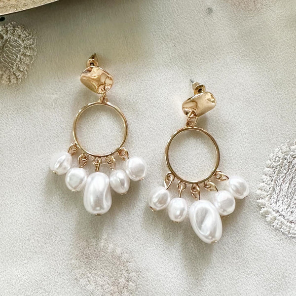 Gold beaten stud pearl drop earrings