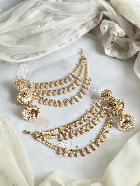 Matte Chakra jumkhas with ear chains/maatal attached