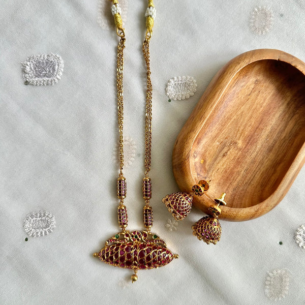 Matte Kemp Peacock mala set with jumkhas