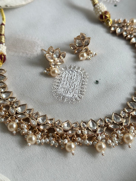 Polki Lotus Pearl cluster drops neckset