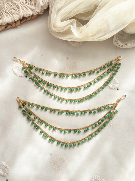 Antique Green Beads 3-line ear chain