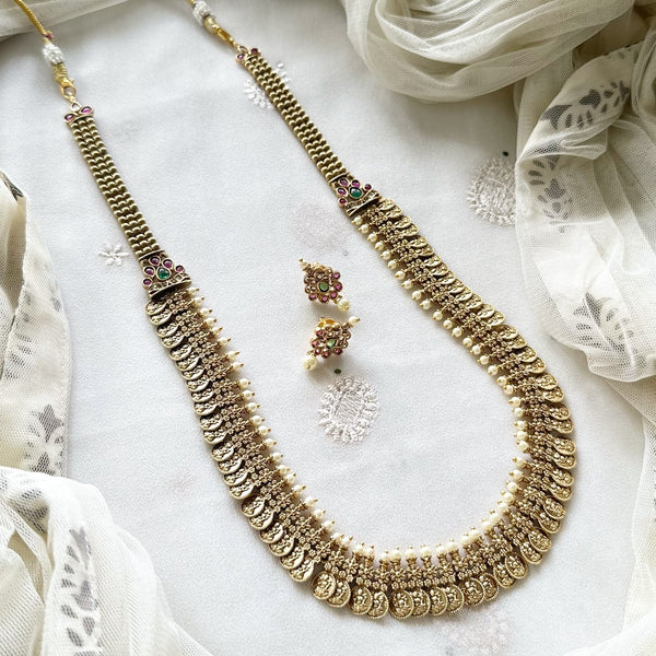 Matte Lakshmi coin pearl spike long haaram set