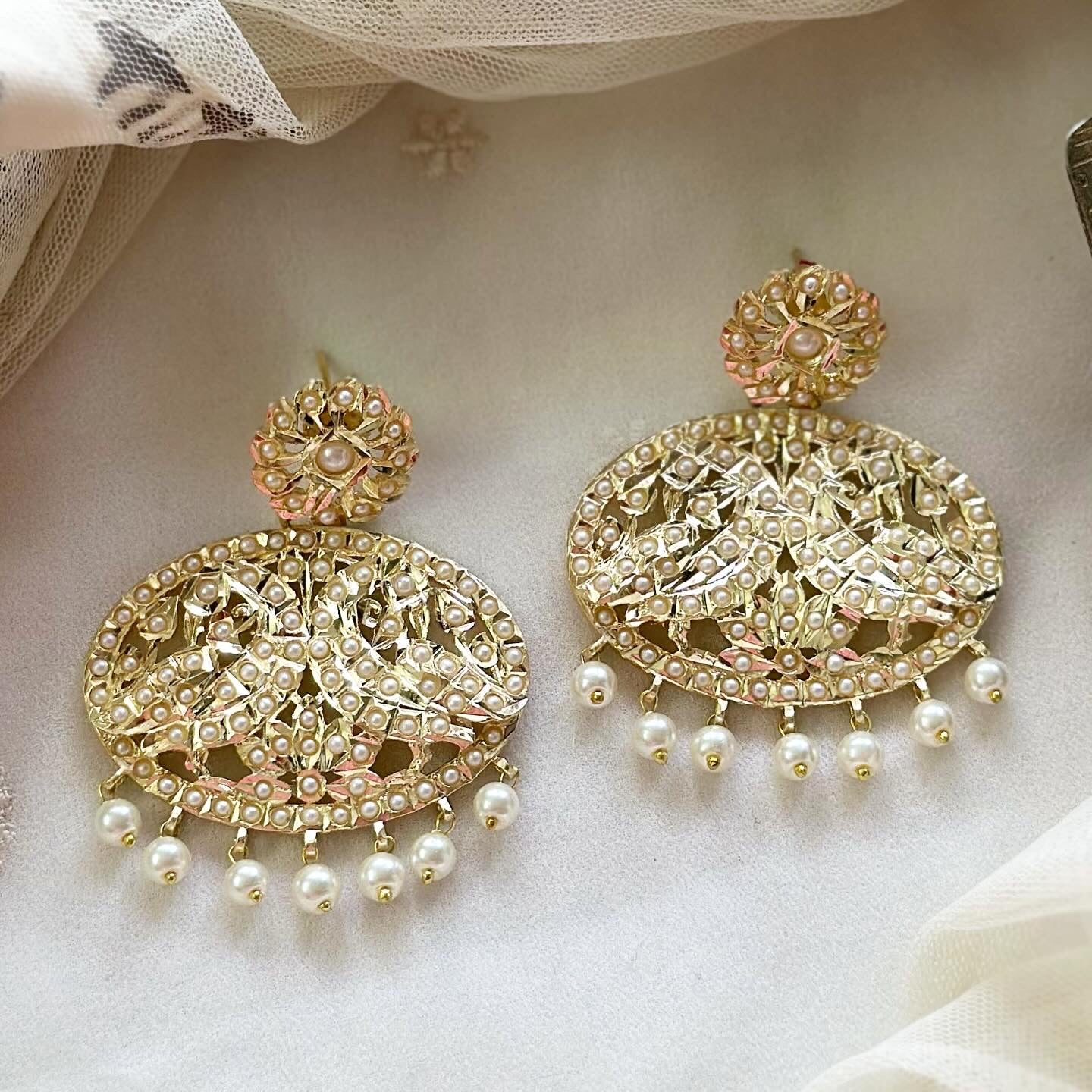 Gold Pearl dots floral earrings - Adorna