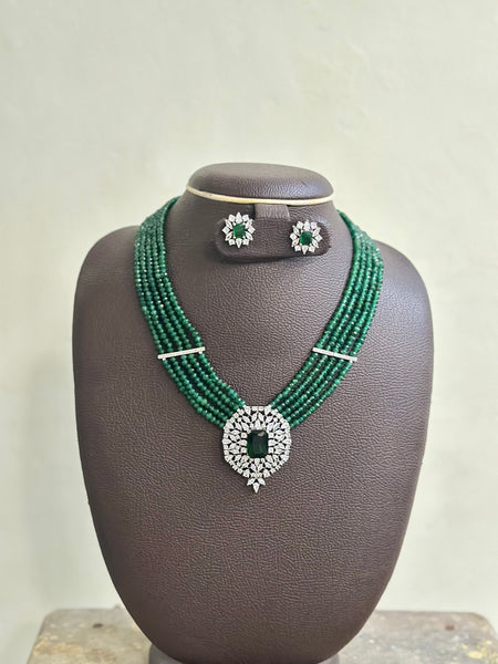 Silver CZ pendant with Green beaded mala