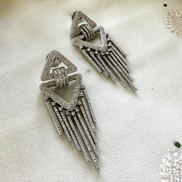 Silver CZ triangles tassels earrings