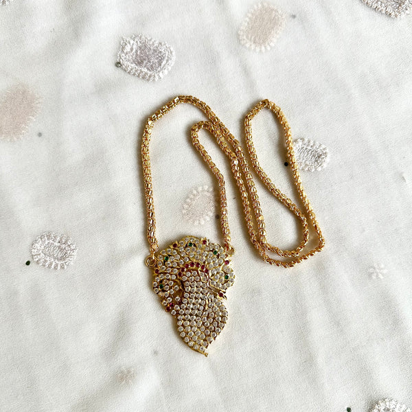 Stone Peacock pendant with heart links chain