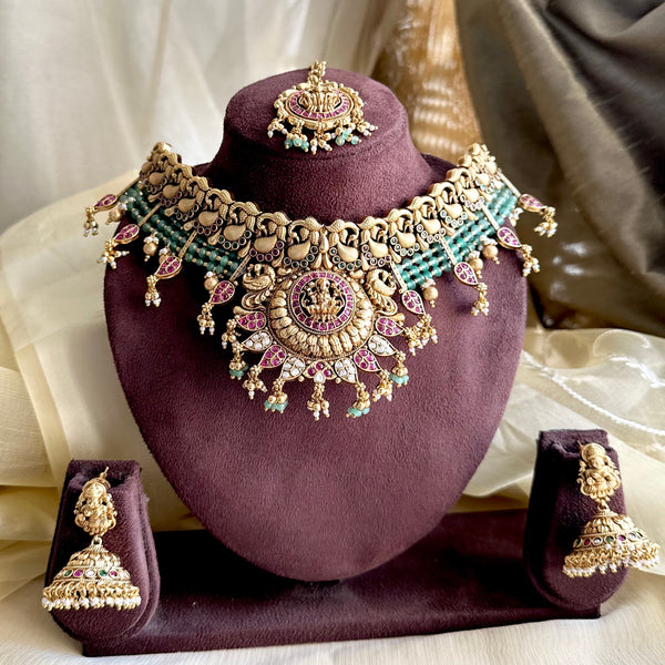 Bridal layered Peacock Lakshmi agate choker set with tikka