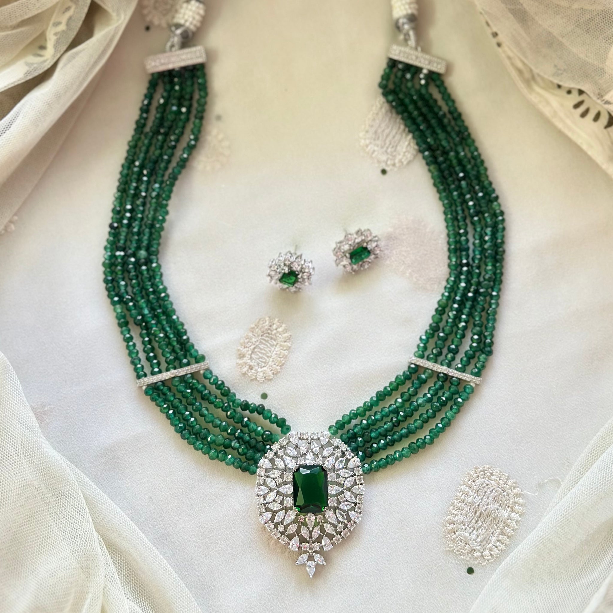 Silver CZ pendant with Green beaded mala