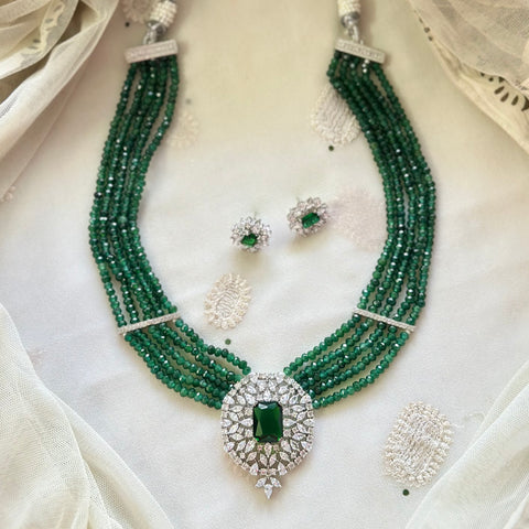 Silver CZ pendant with Green beaded mala