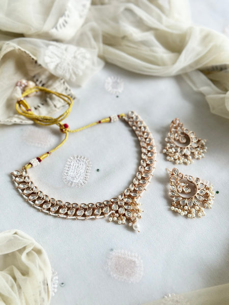 Polki pearl laced leaved short set with chandbali earrings