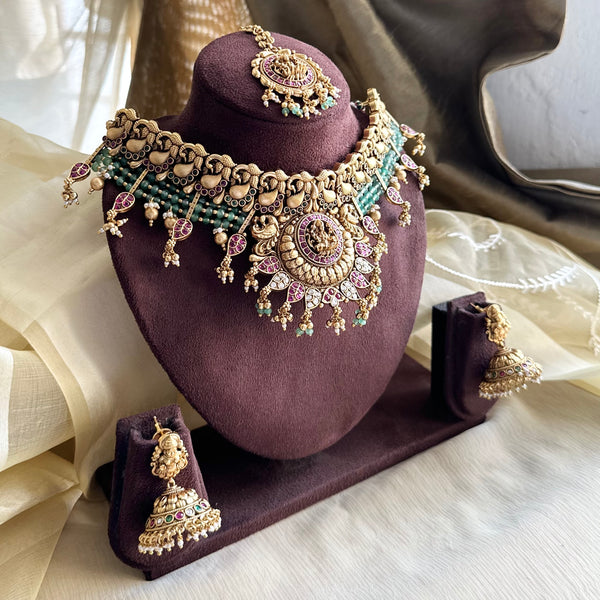 Bridal layered Peacock Lakshmi agate choker set with tikka