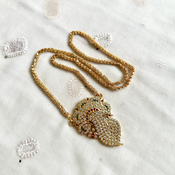 Stone Peacock pendant with heart links chain