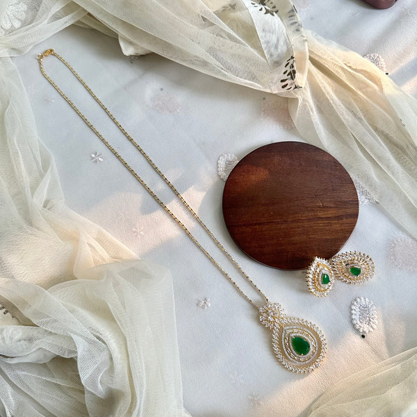 Green CZ tear drop floral pendant set