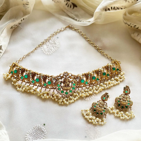 Antique matte Lakshmi Peacock choker set - Green