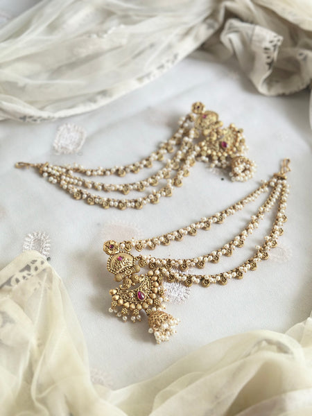 Matte flower chandbali jumkhas with ear chains/maatal attached