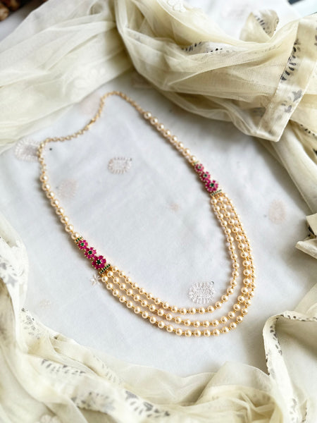 3 layer pearl with floral mogappu chain