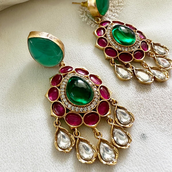 Kundan Jadau tear drop floral drop earrings - Ruby-Green