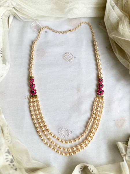 3 layer pearl with floral mogappu chain