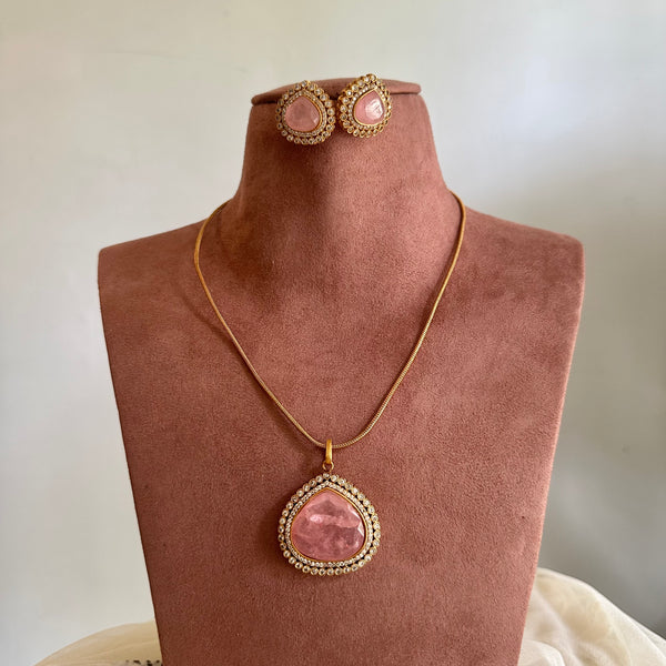 Matte tear drop CZ pendant set- Pink