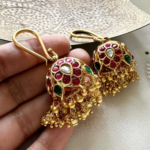 Matte Kemp hook style jumkhas - Gold beads