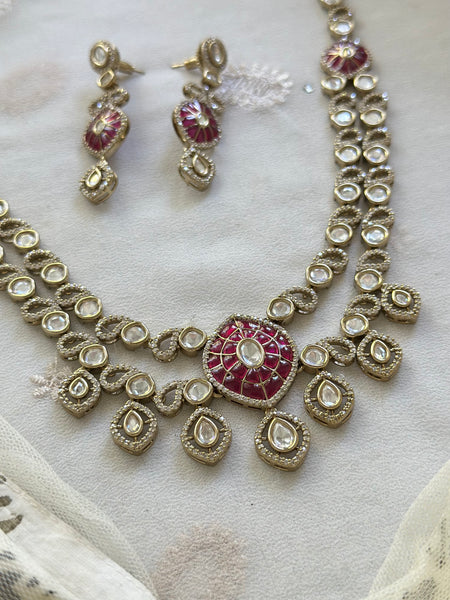 Antique Polki layered short bridal set - Ruby