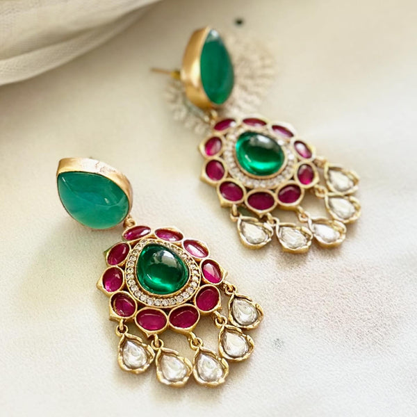 Kundan Jadau tear drop floral drop earrings - Ruby-Green