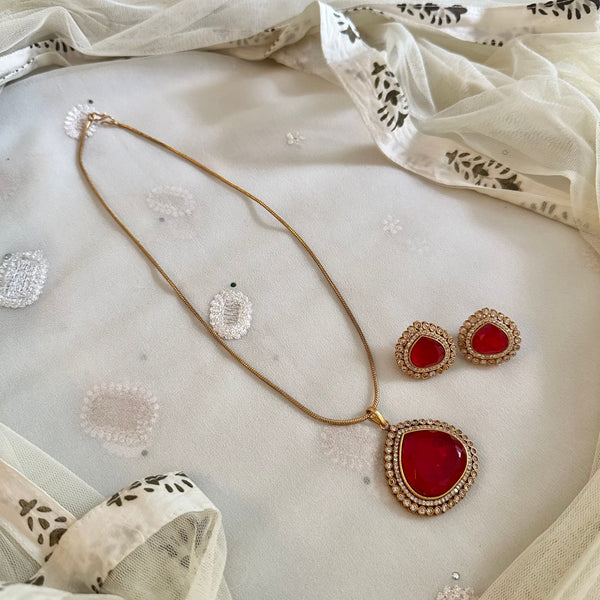 Matte tear drop CZ pendant set- Ruby