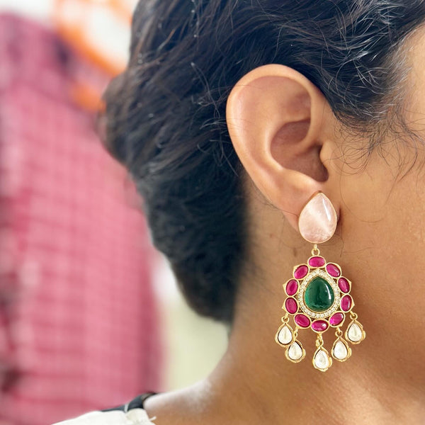 Pink Kundan Jadau tear drop floral drop earrings