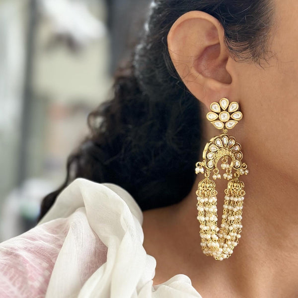 Antique kundan flower with pearl tassel connect long earrings - Adorna