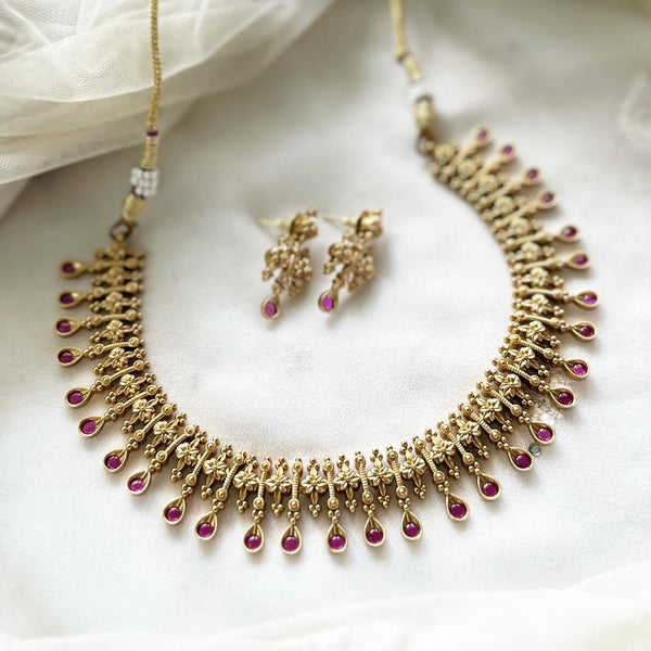 Matte Floral grid Ruby tear drop short set - Adorna