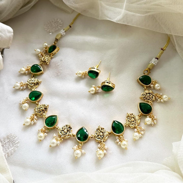 Antique Ganesha Tear drop stone set - Green-Pearl - Adorna