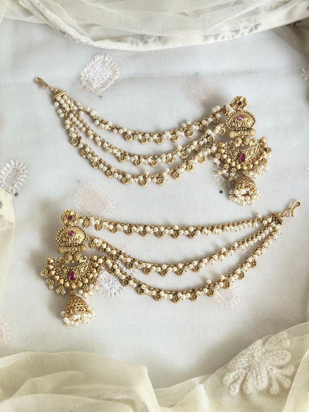Matte flower chandbali jumkhas with ear chains/maatal attached