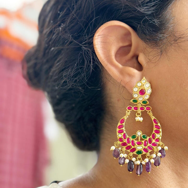 Kundan Jadau Ruby-Purple long earrings (screw type)