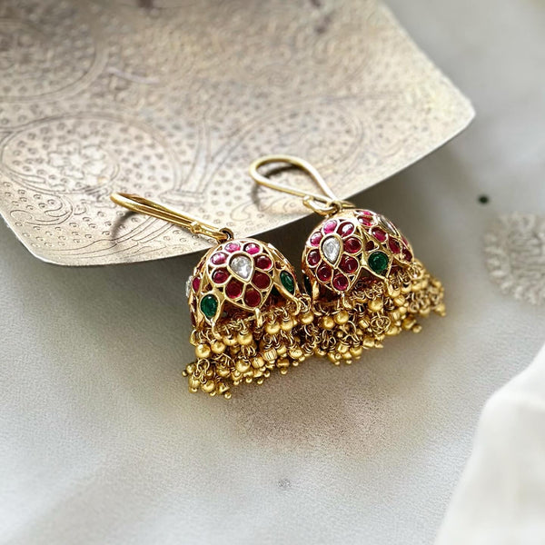 Matte Kemp hook style jumkhas - Gold beads