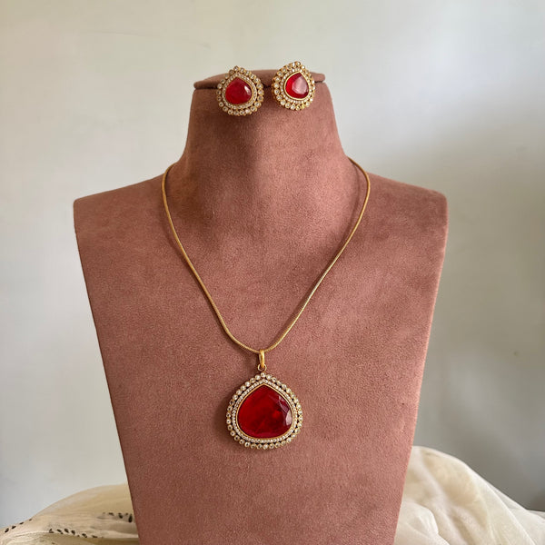 Matte tear drop CZ pendant set- Ruby
