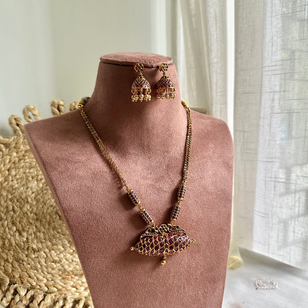 Matte Kemp Peacock mala set with jumkhas