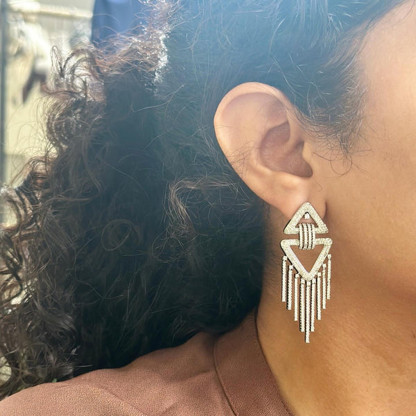 Silver CZ triangles tassels earrings