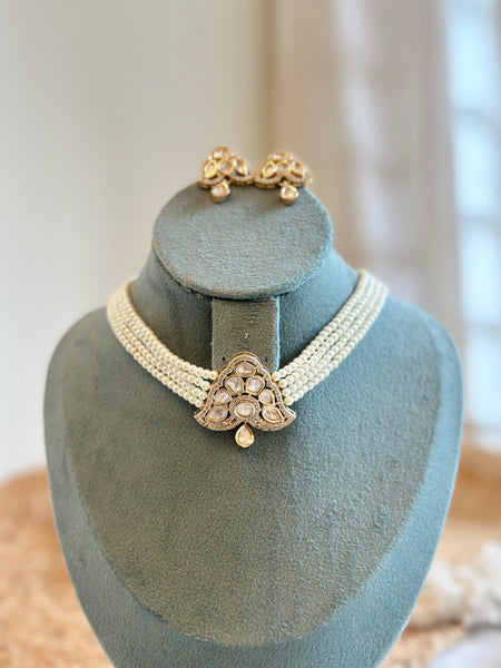 Polki Triangle pendant pearl choker set