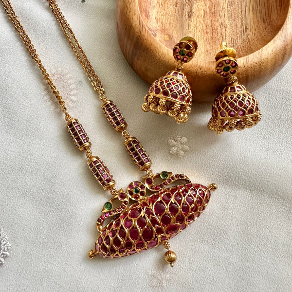 Matte Kemp Peacock mala set with jumkhas