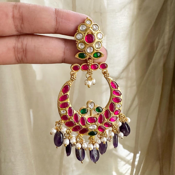 Kundan Jadau Ruby-Purple long earrings (screw type)