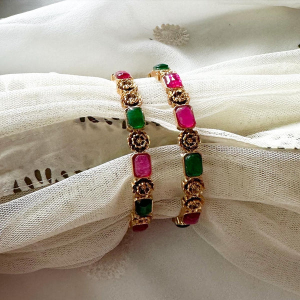 Floral Alt rectangle kemp bangles - set of 2 - Ruby-Green