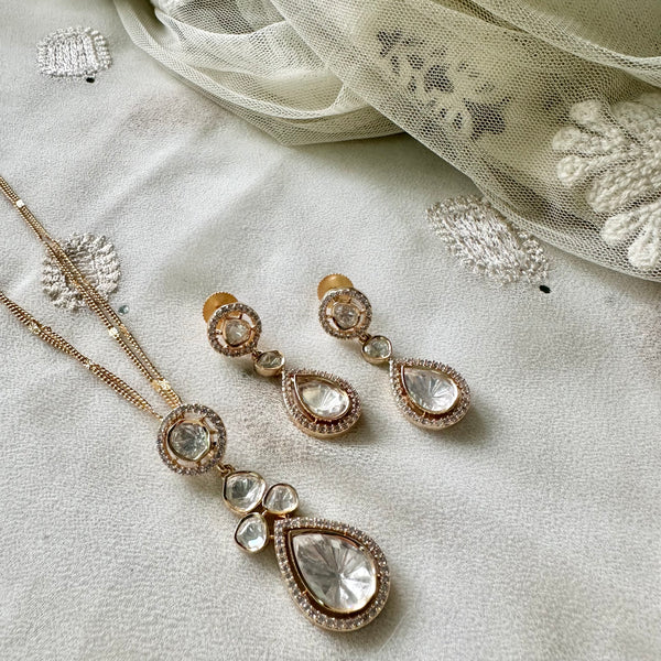 Polki tear drop pendant neckset (double strand chain)