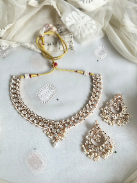 Polki pearl laced leaved short set with chandbali earrings
