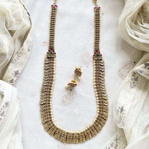 Matte Lakshmi coin pearl spike long haaram set